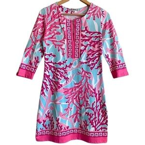 BARBARA GERWIT Vibrant Colorful Stretchy Coral Print Sheath Dress Size XS